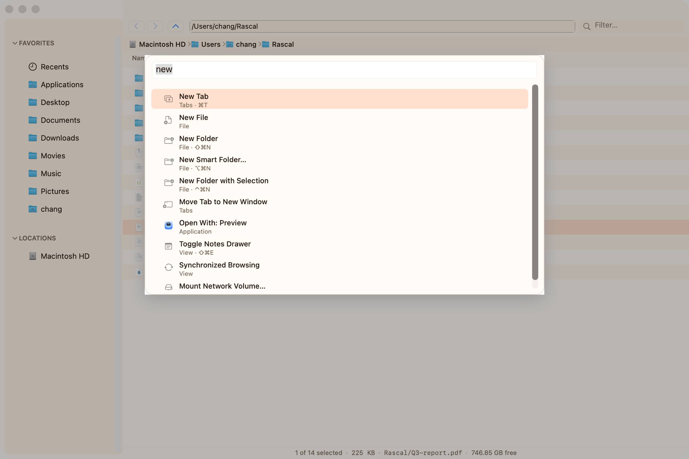The fuzzy command palette open over the file list