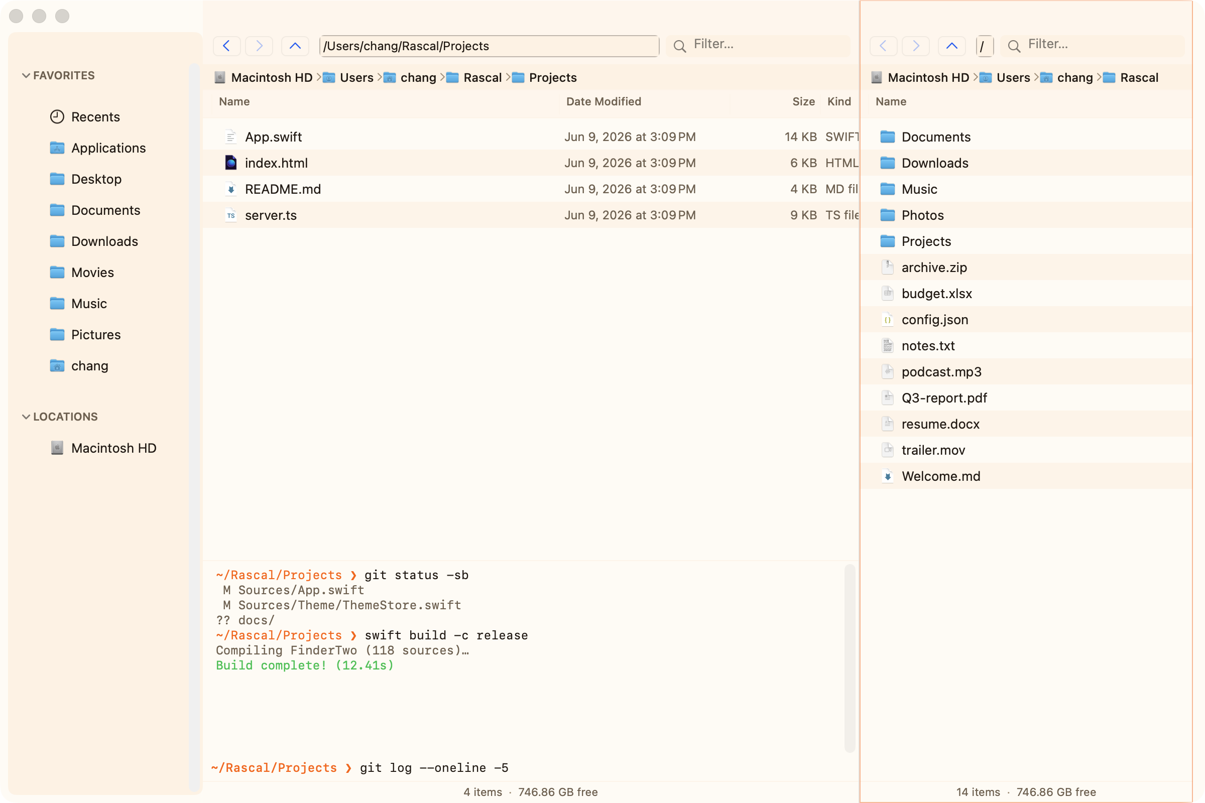 Two panes side by side with the built-in terminal open